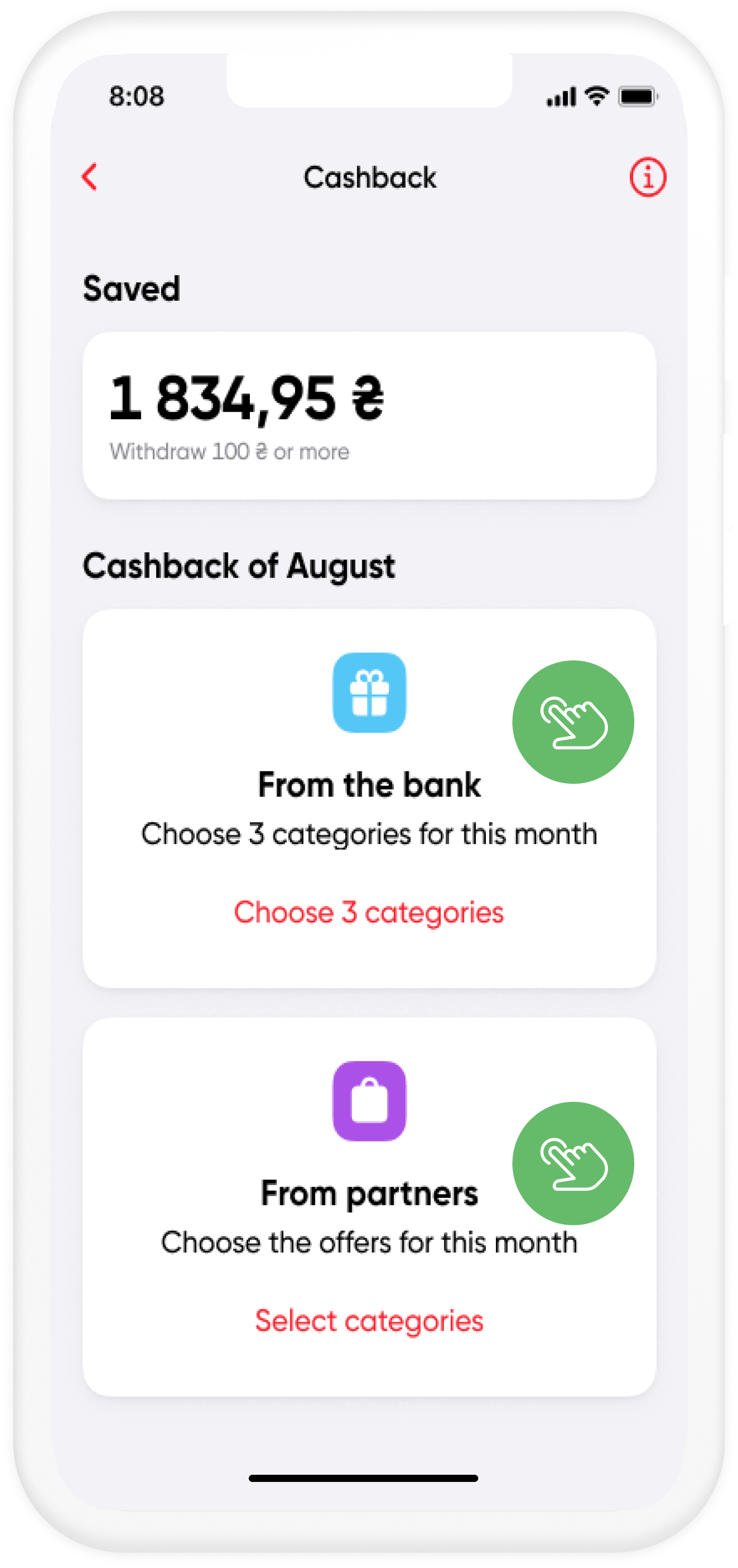 Choose 3 (three) categories of cashback from the Bank and any number of offers from Partners Choose 3 (three) categories of cashback from the Bank and any number of offers from Partners