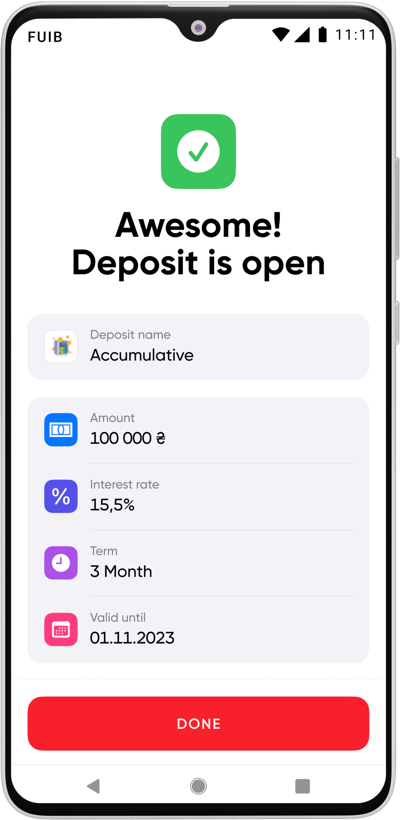 After opening a deposit, you will see a message about the successful opening 