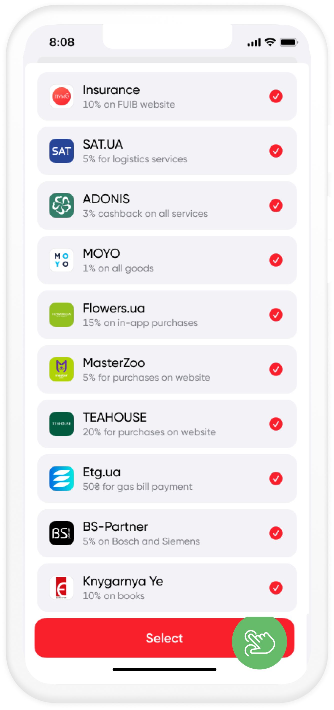 Mark the offers from Partners that you plan to use this month and fix them with the "Select" button Mark the offers from Partners that you plan to use this month and fix them with the "Select" button