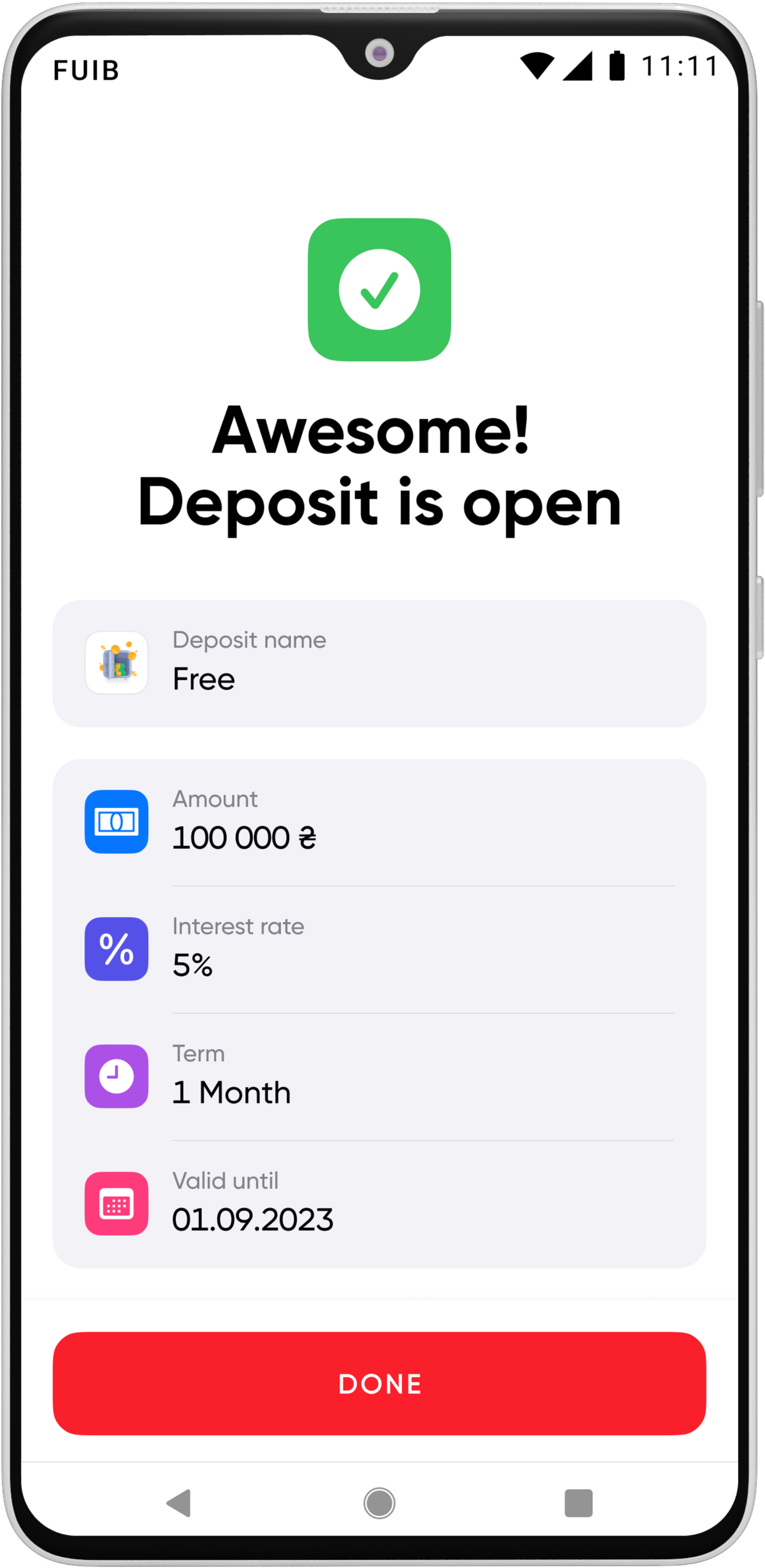 After opening a deposit, you will see a message about the successful opening 