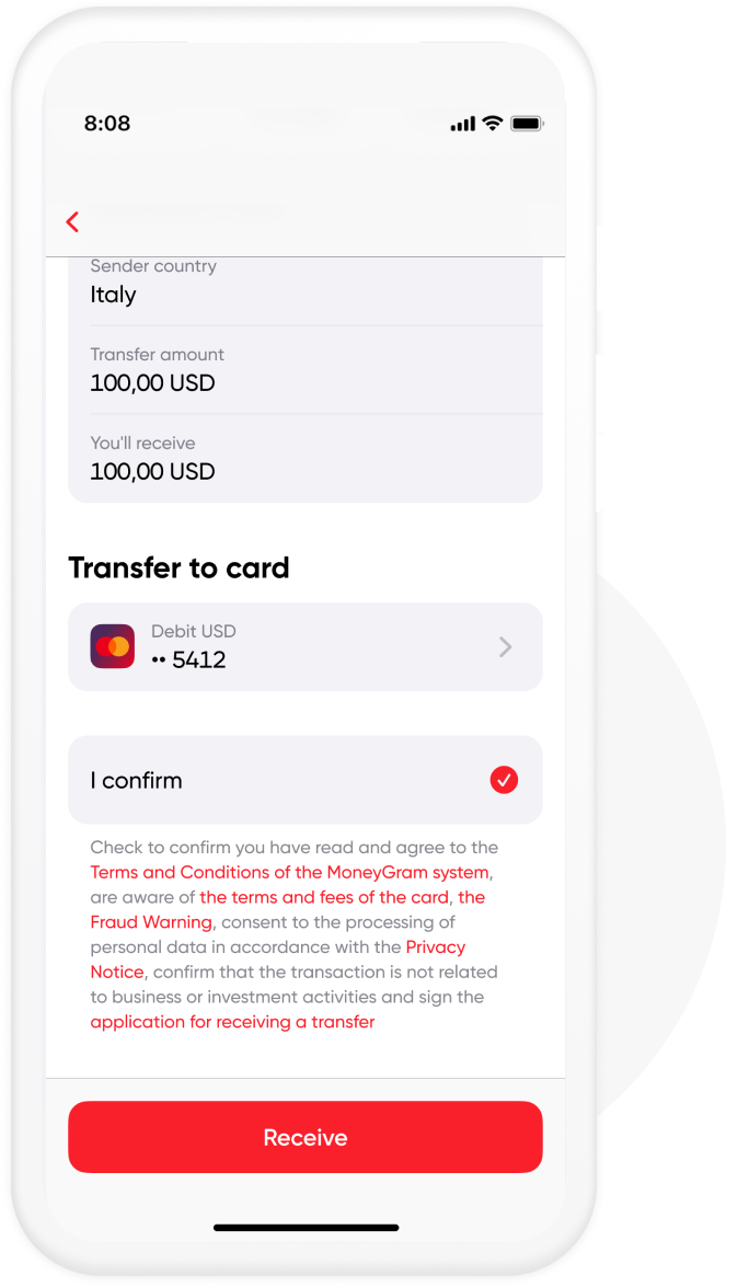 Check the selected card and click "I confirm" to familiarize yourself with the tariffs, sign the application for payment of the transfer. Then click the "Get" button, enter the OTR password. You will receive a message about the successful payment of the transfer