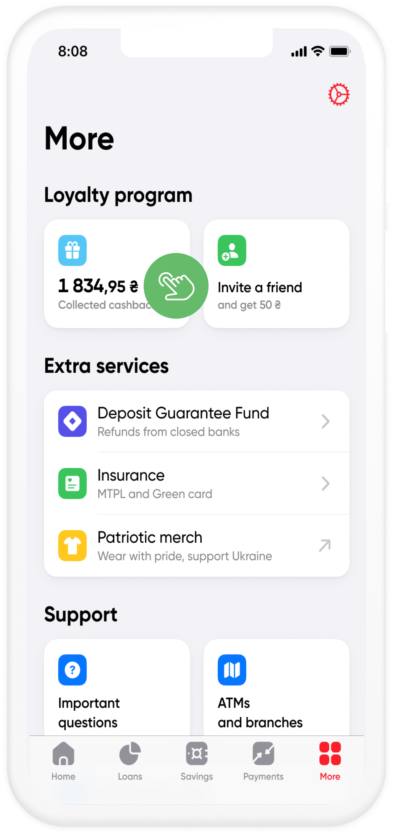Open the FUIB Online mobile application. Select the "More" tab and then the "Cashback" menu item Open the FUIB Online mobile application. Select the "More" tab and then the "Cashback" menu item