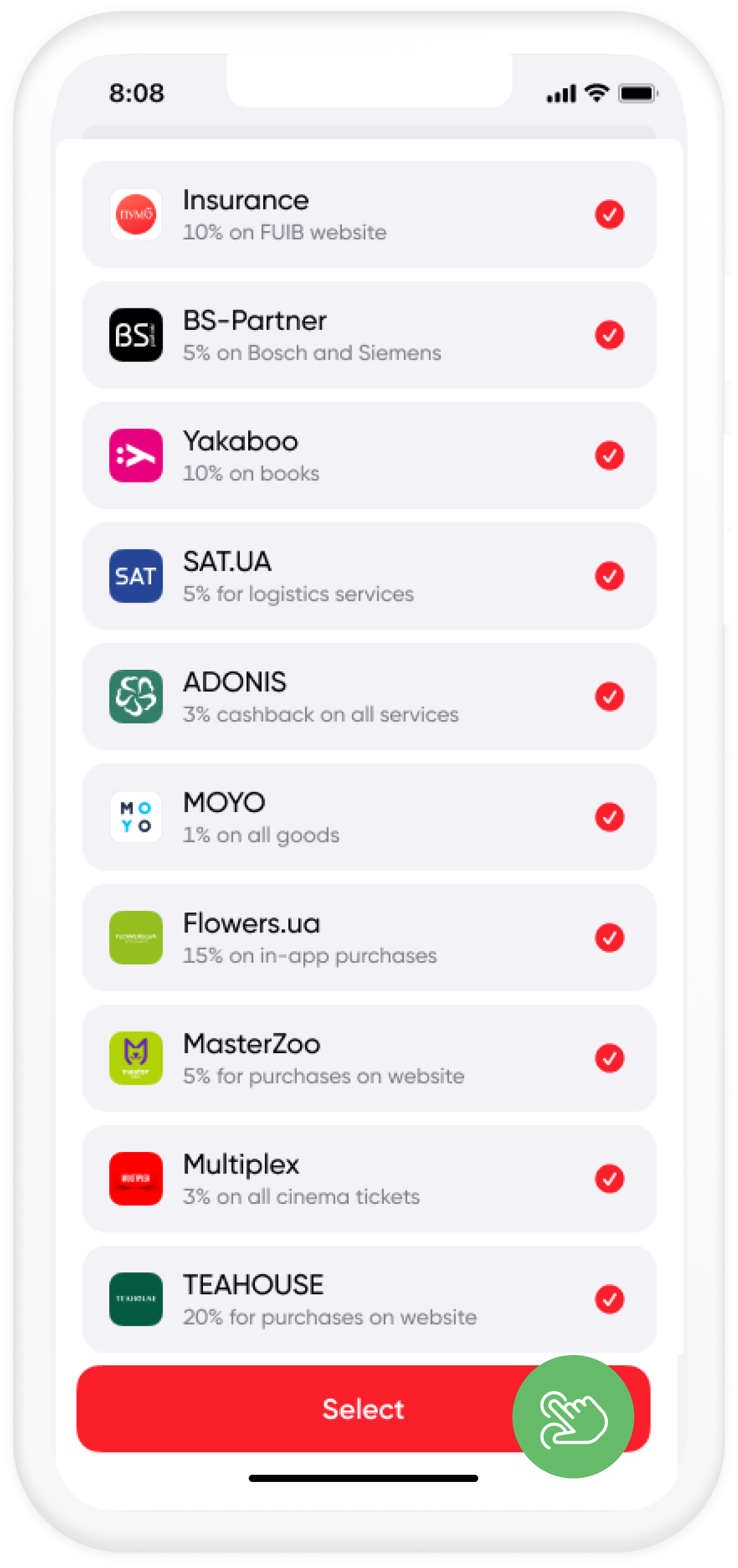 Mark the offers from Partners that you plan to use this month and fix them with the "Select" button Mark the offers from Partners that you plan to use this month and fix them with the "Select" button