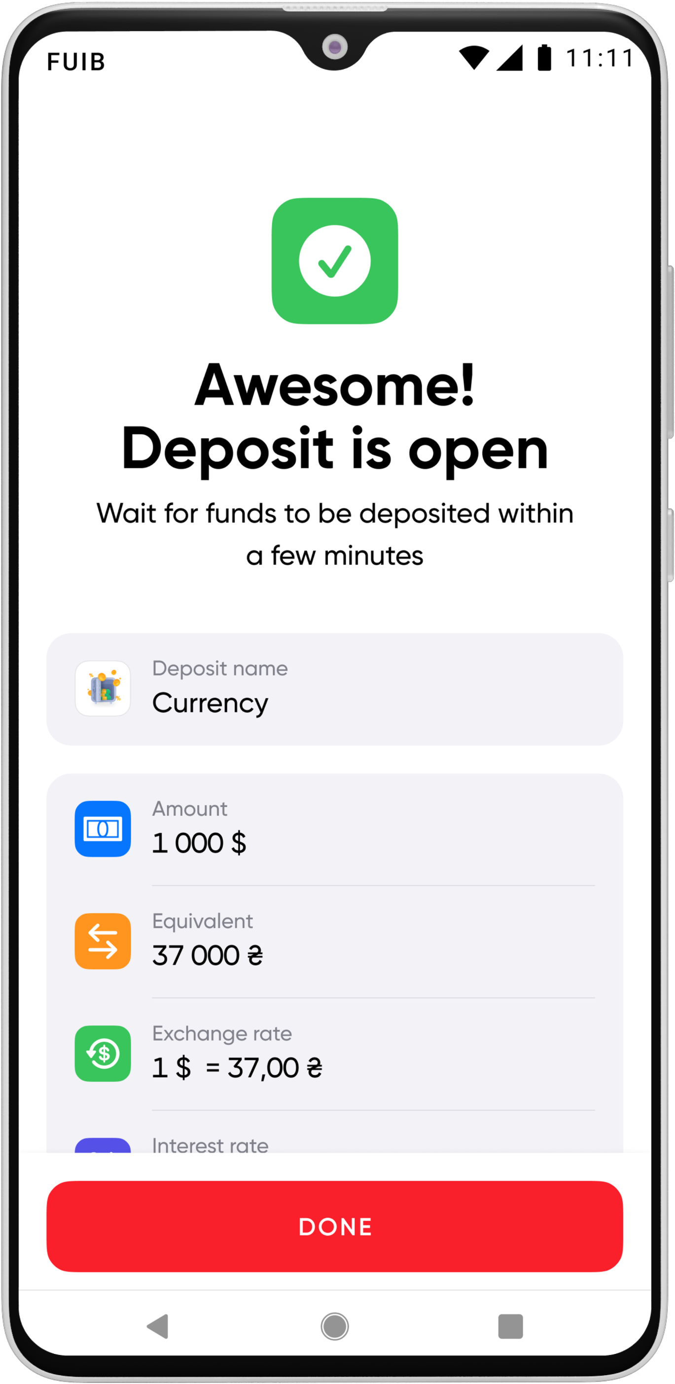 After opening the deposit, you will see a message about the successful opening
